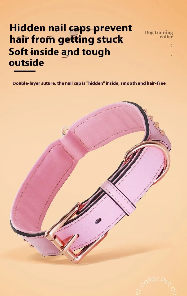 Leather dog collar with metal rivets in chocolate brown, shown in size L