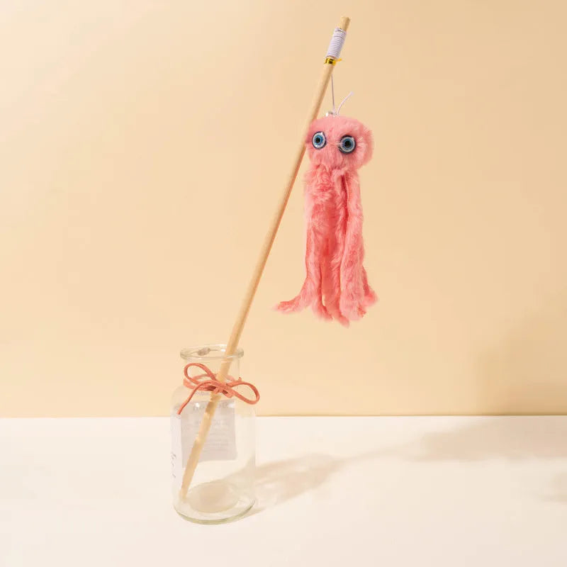 Colourful octopus cat toy on a long stick for indoor kittens and cats