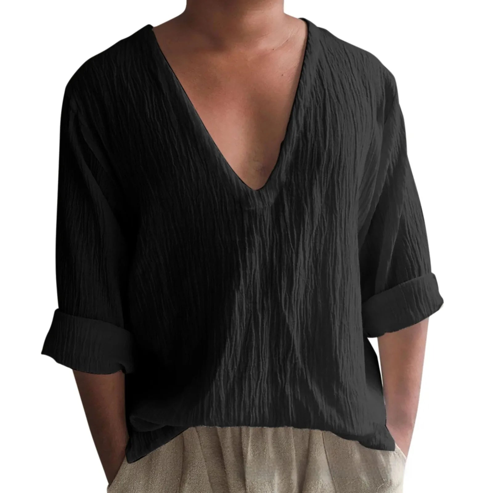 Men's solid colour long sleeve V-neck T-shirt in washed cotton and linen blend.