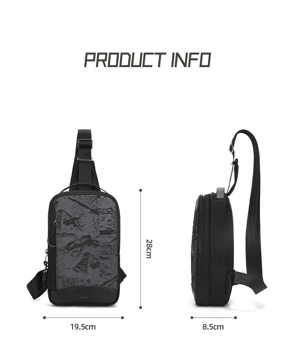 Casual black TPU chest pack with landscape camouflage pattern and interior phone pocket