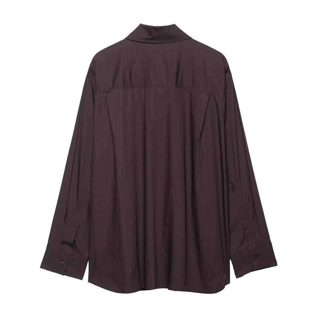 Brown women's poplin shirt with bow tie scarf, loose fit design