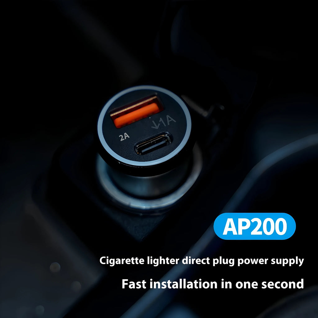 Black ABS plastic car GPS locator device for 12V charger socket.