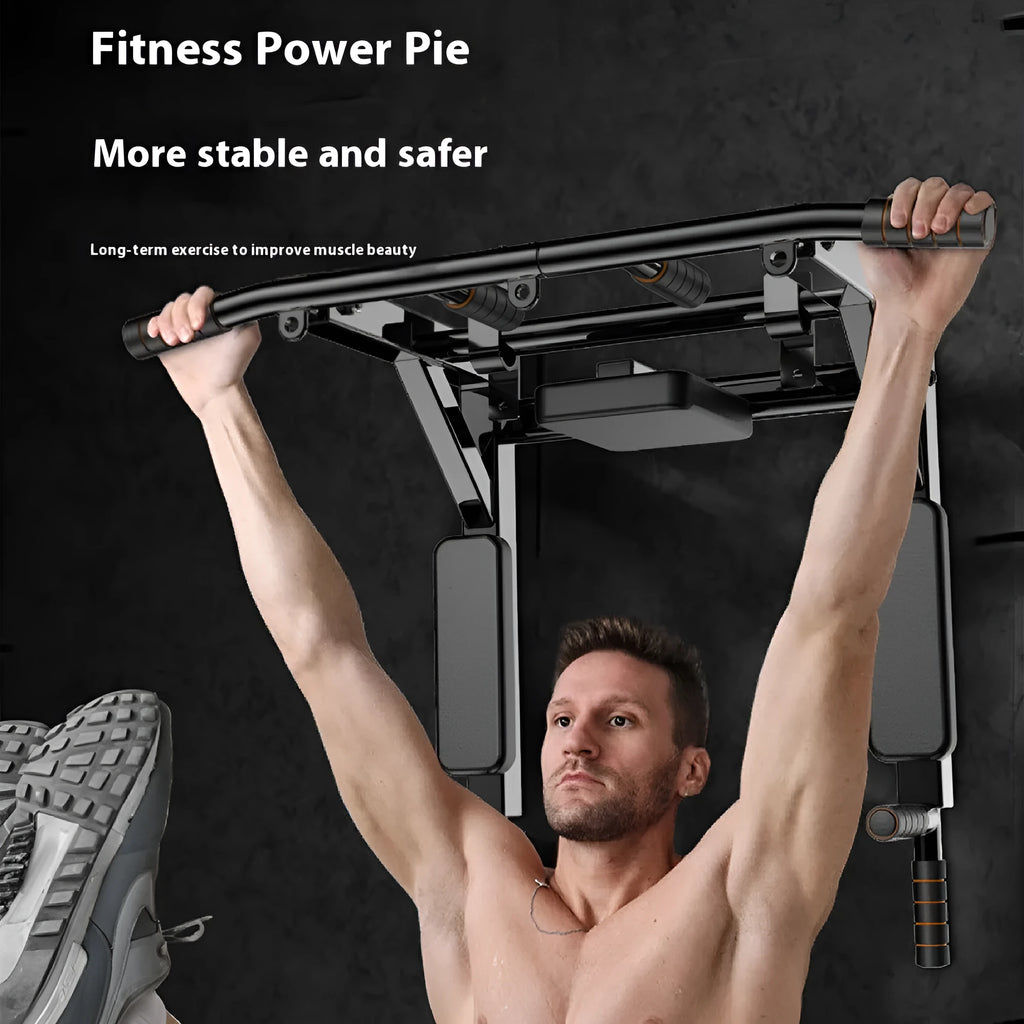 Black wall-mounted fitness frame with sandbag rack and parallel bars for pull-ups