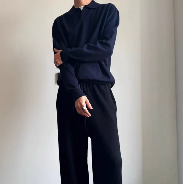 Pure wool POLO sweater with lapel collar and long sleeves in milky white colour