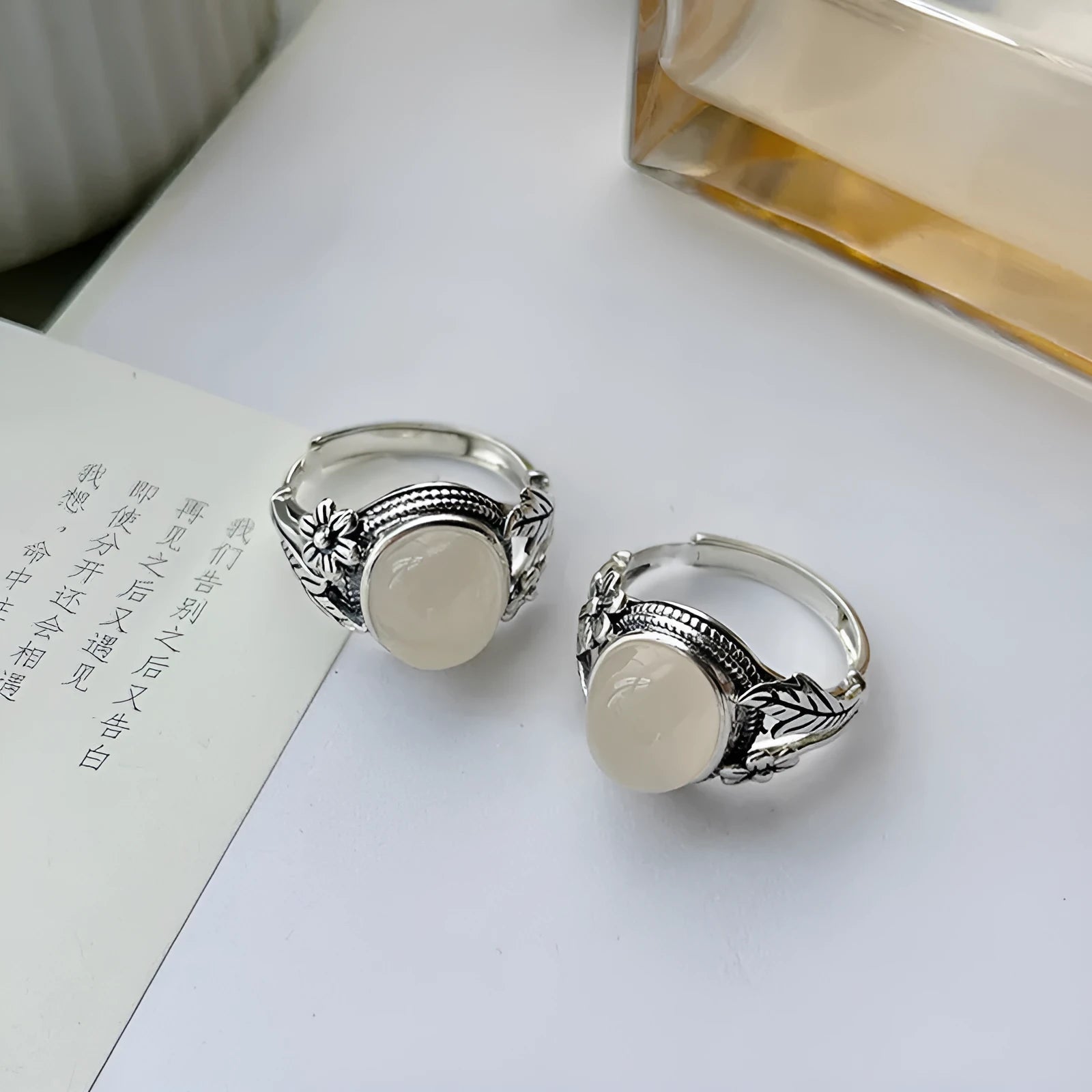 Copper adjustable open mouth vintage ring with white chalcedony imitation stone and U-shaped design