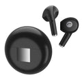 White Wireless Budz5 J6 Bluetooth earbuds with semi-in-ear design and a matching compact charging case.