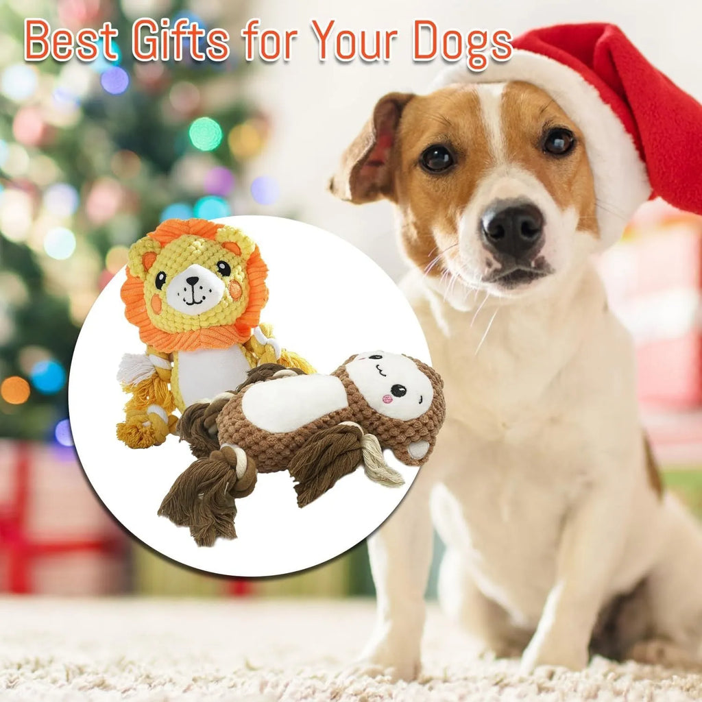 Monkey and lion plush squeaky dog toys bundle for medium and large breed dogs