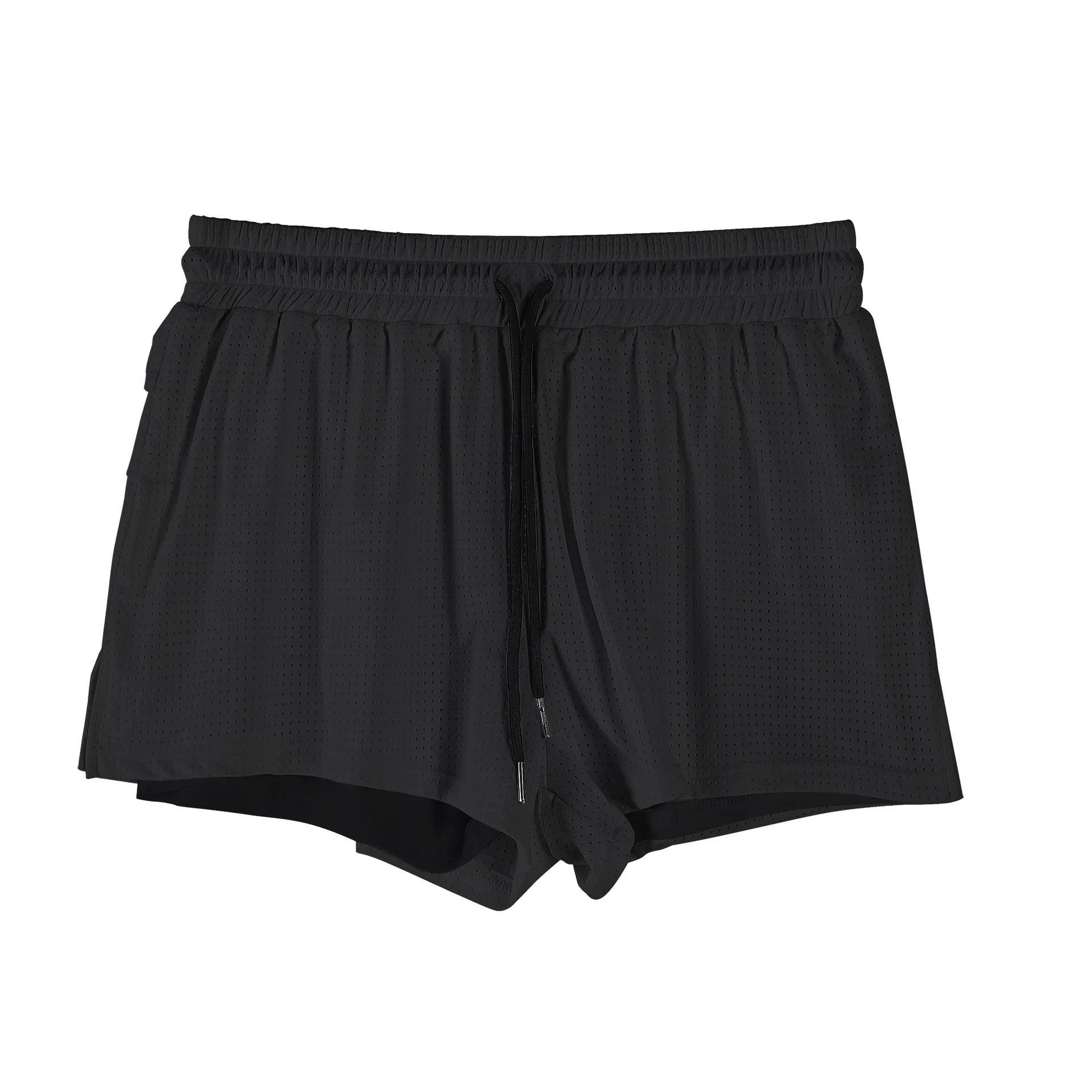 Man wearing black quick-dry nylon summer shorts, showing mid-waist sports leisure style.