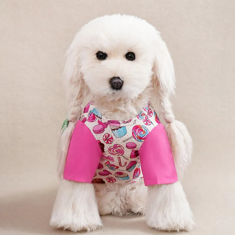 Printed dog t-shirt for small breeds with full-print design showing seasonal casual wear