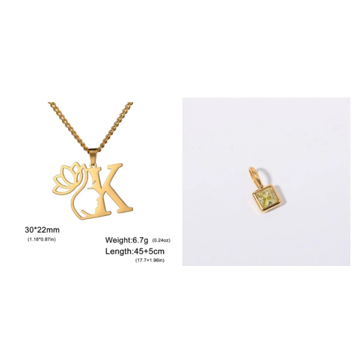 Stainless steel necklace with a single alphabet letter pendant on a cross chain, in gold or silver colour.