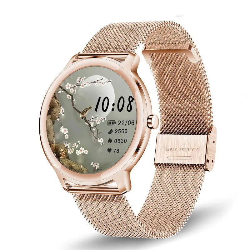 Women's waterproof smart watch with stainless steel mesh bracelet and 1.3 inch touch screen