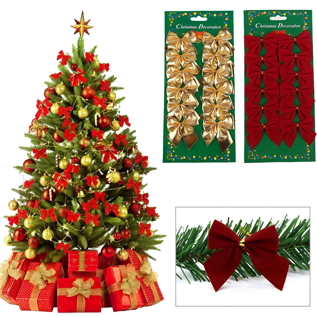 Single 5 cm polyester Christmas decoration bow in a choice of gold, red, red-gold, or silver colours.