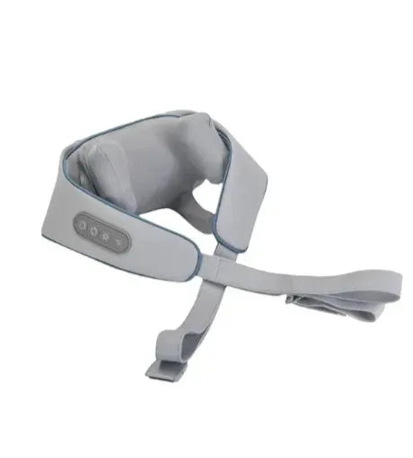 Creamy white rechargeable shoulder and neck massager on a plain background.