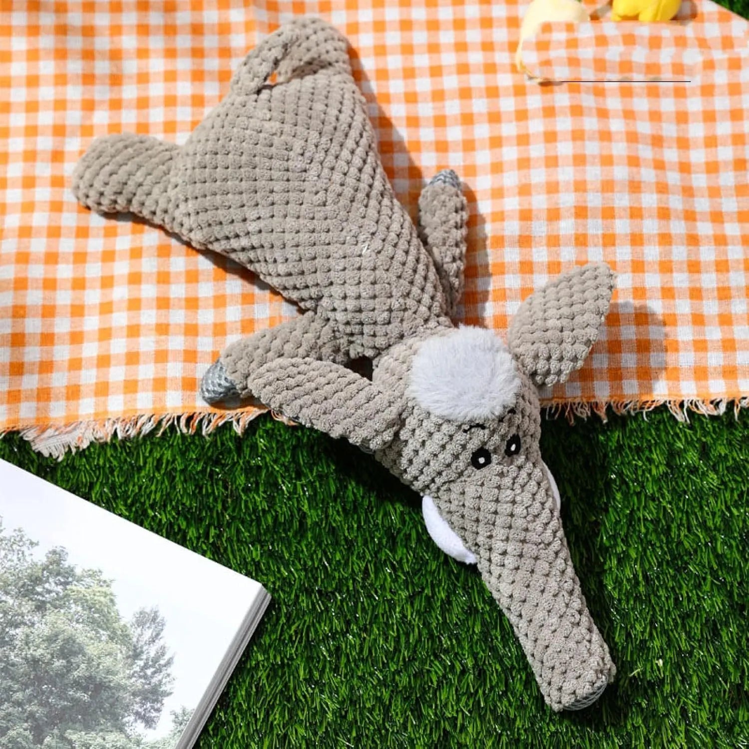 Corn cob shaped plush dog chew toy with textured kernels and squeaker