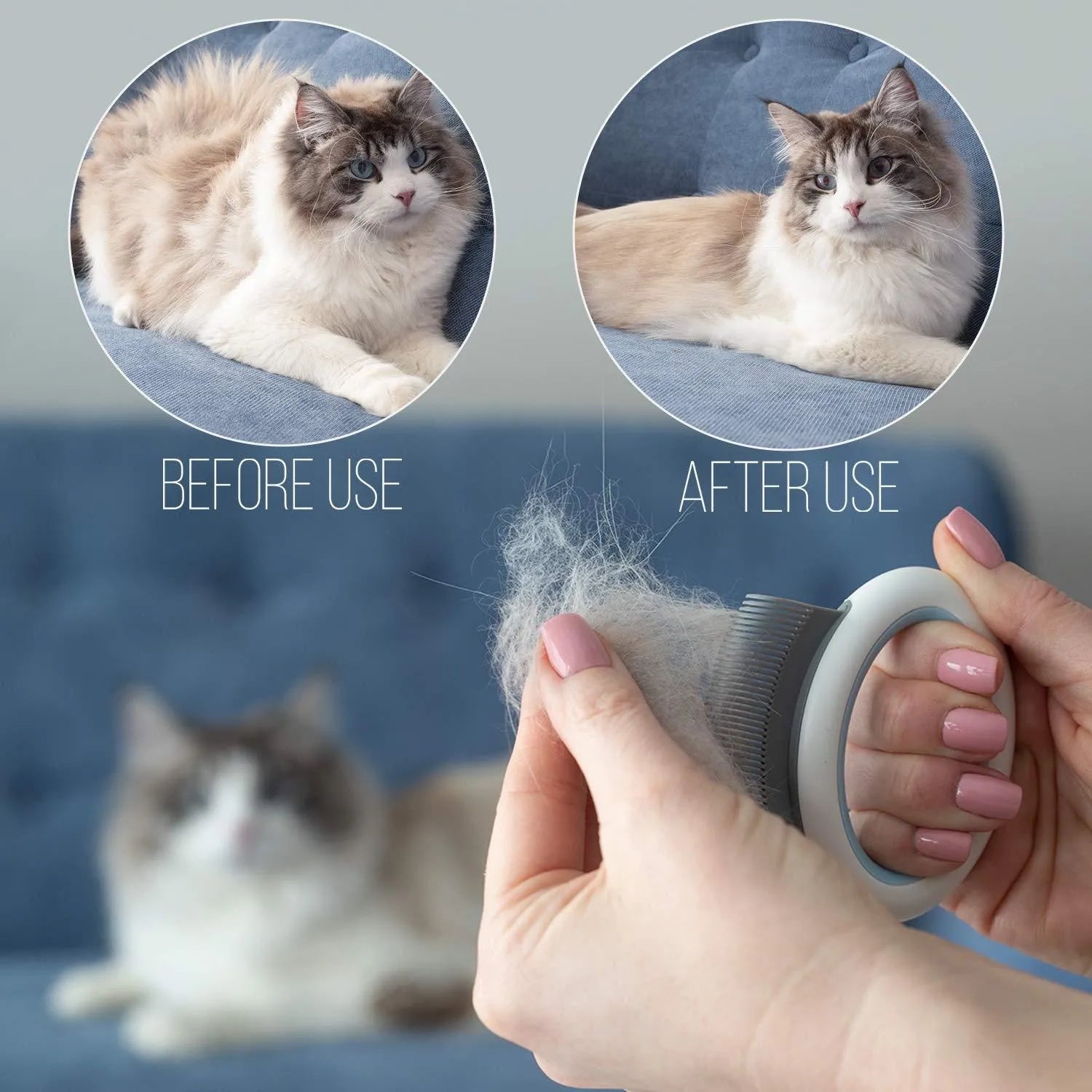 Blue pet grooming comb for deshedding cats and dogs on a white background.