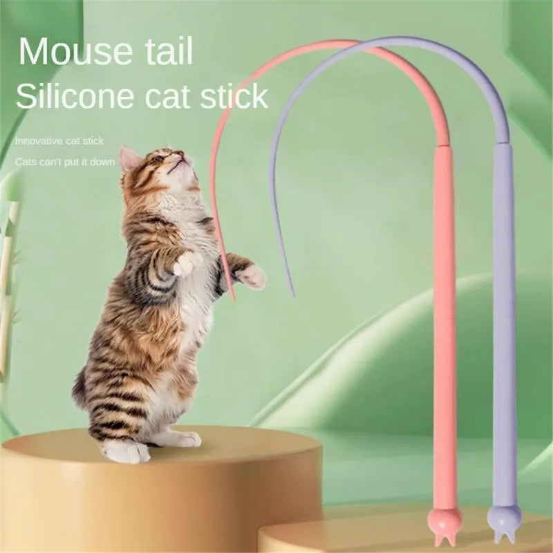 Blue simulated mouse tail cat toy with silicone tail and ABS cat head for interactive play