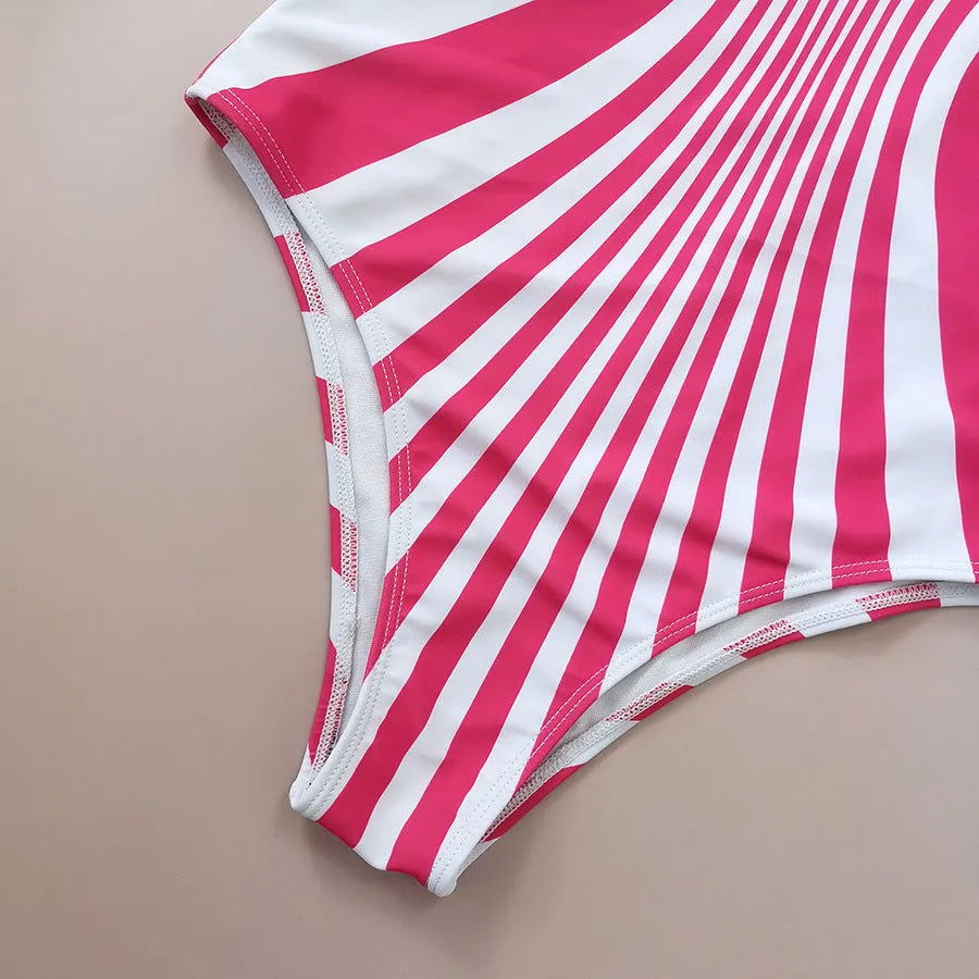 Pink striped one-piece swimsuit for women with front and rear digital printing.