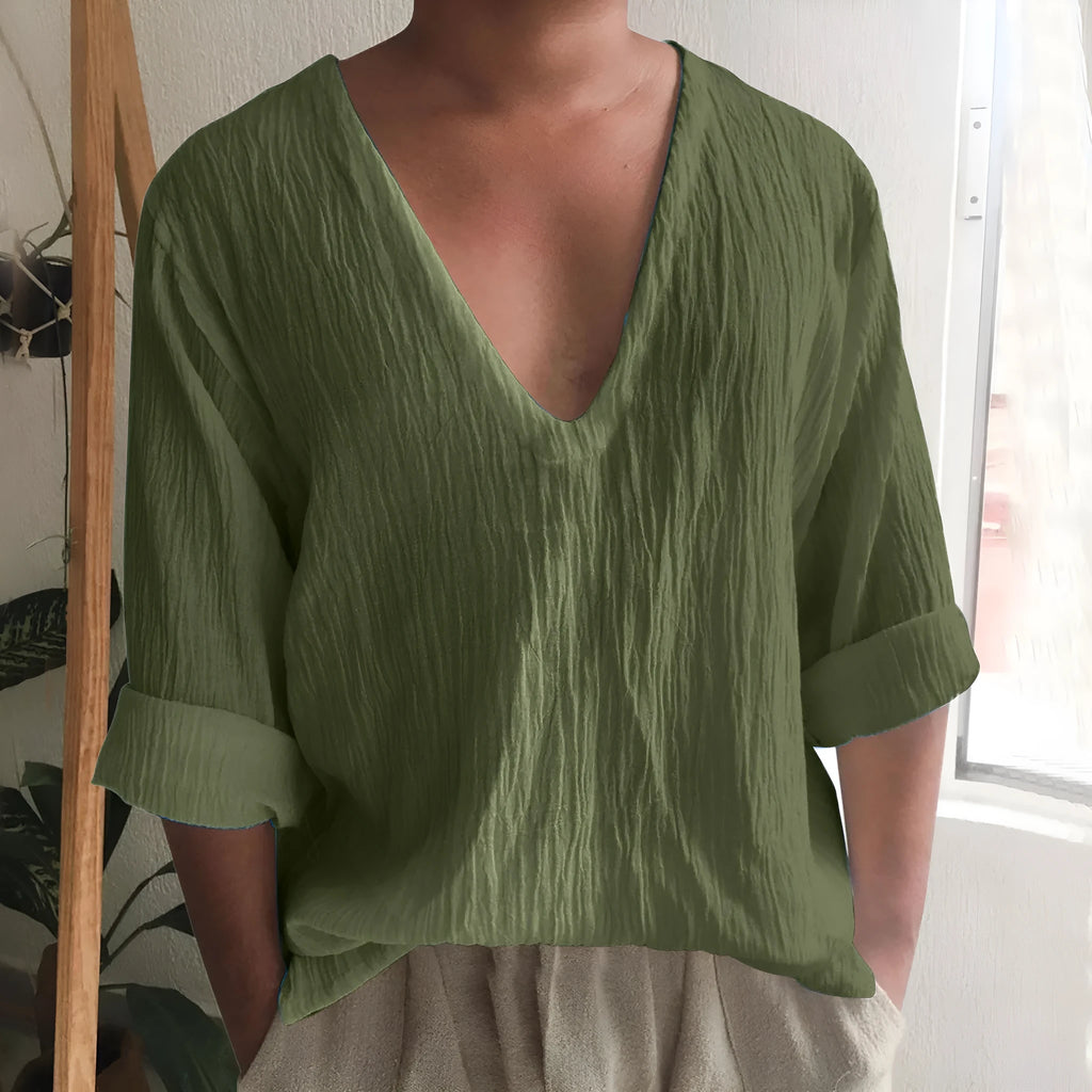 Men's solid colour long sleeve V-neck T-shirt in washed cotton and linen blend.