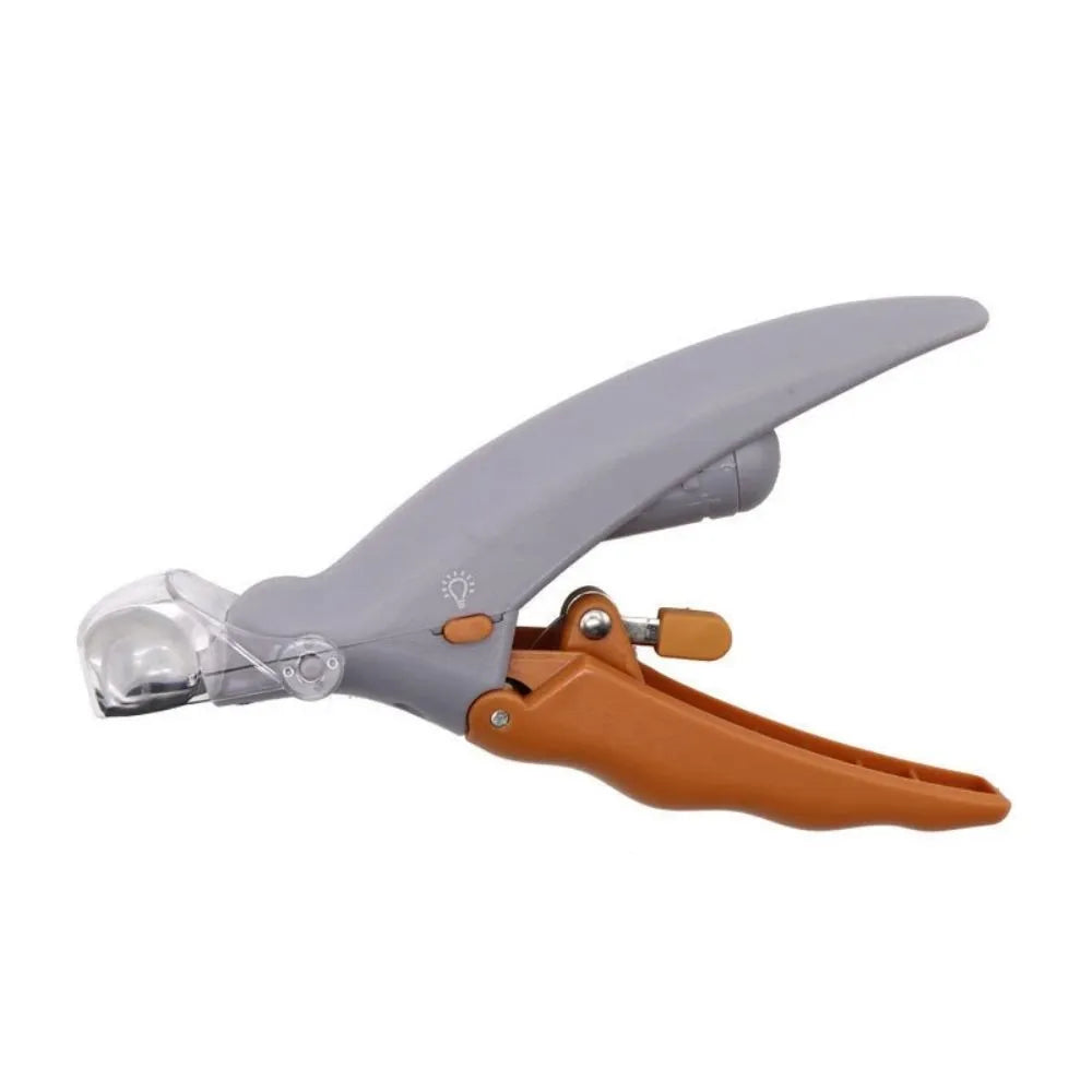 Yellow pet nail clipper with LED light and magnifying glass for dog and cat grooming