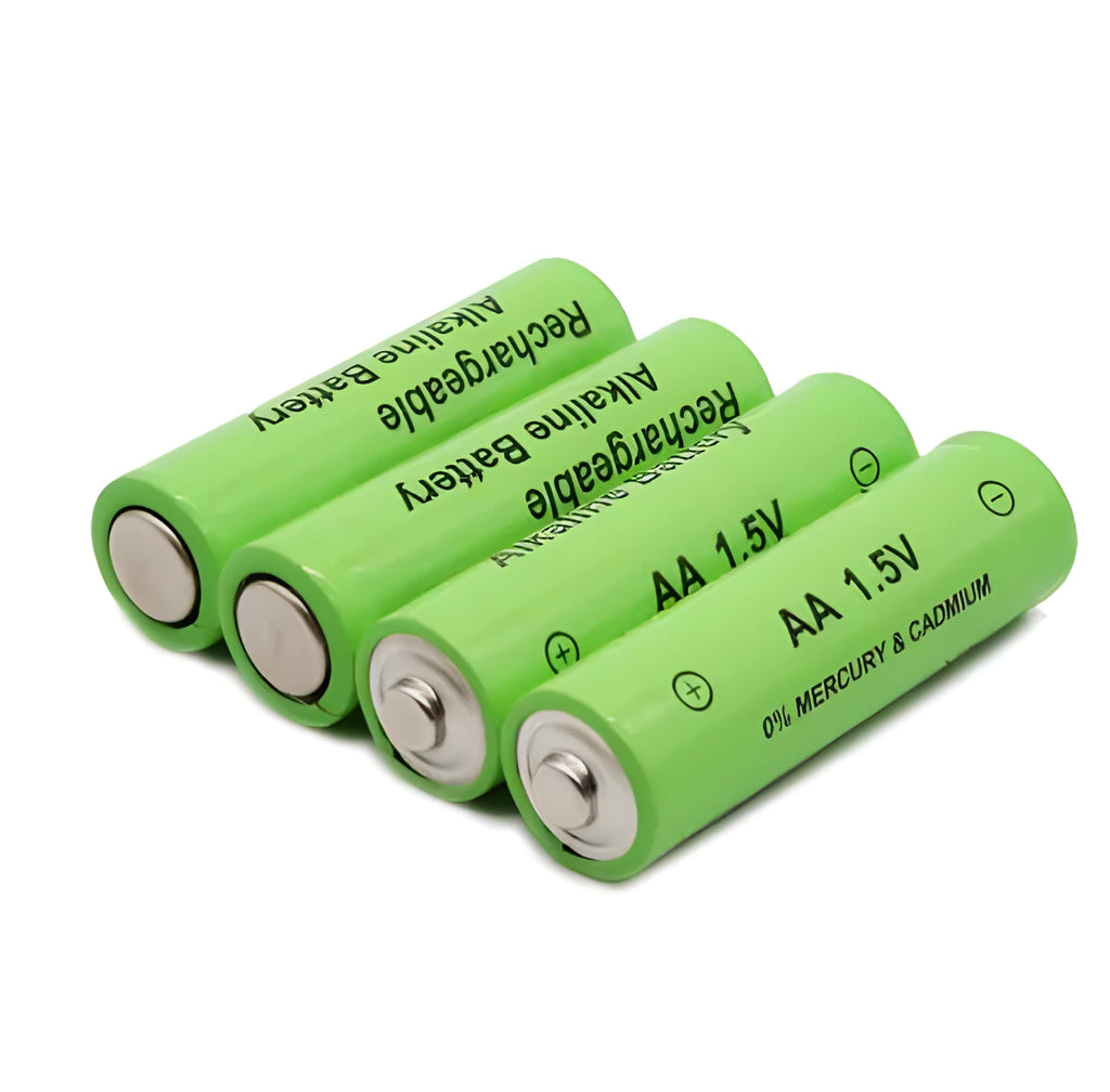Pack of green AA alkaline rechargeable batteries with 3000mAh capacity and 1000 cycle rating.
