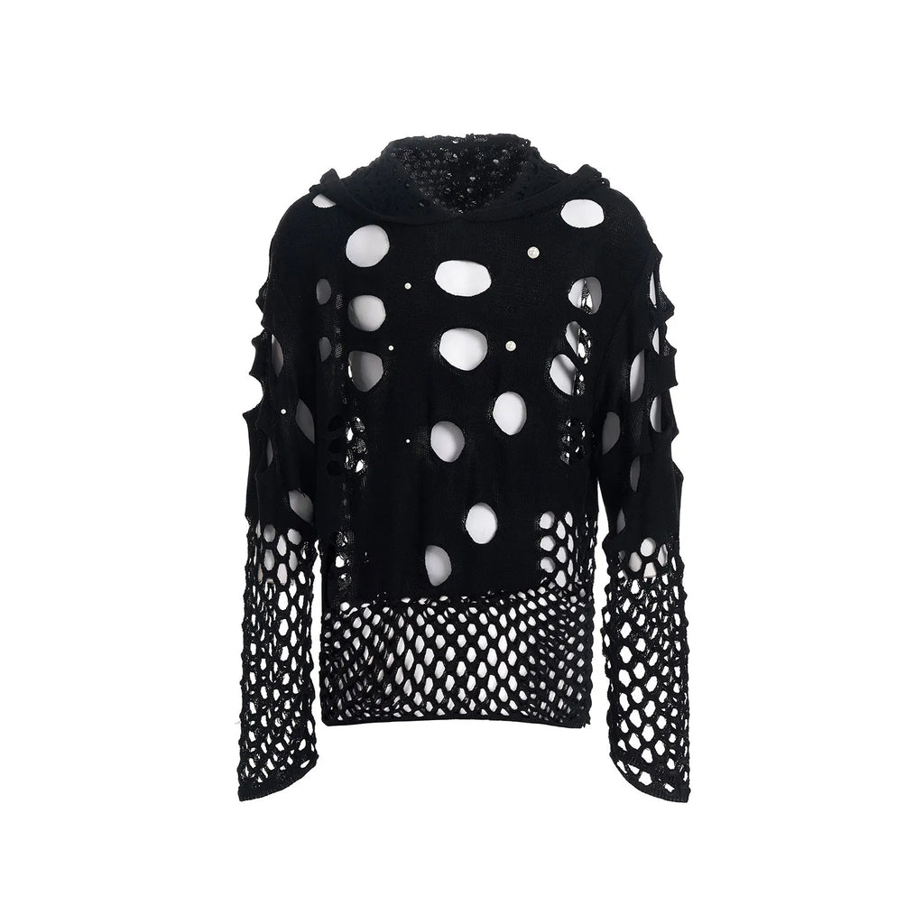 Black men's hoodie with pearl decorative trim and hollow knit construction
