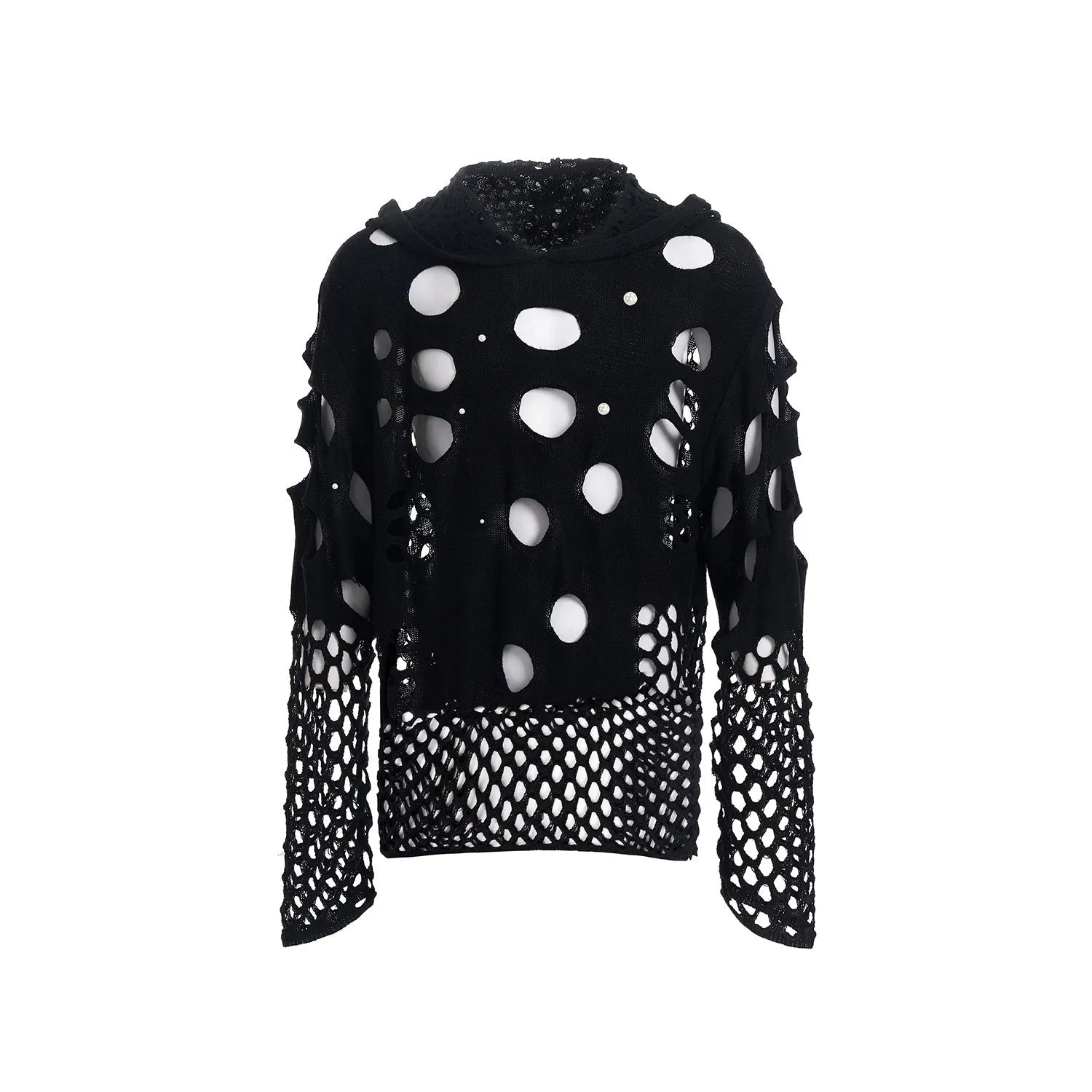 Black men's hoodie with pearl decorative trim and hollow knit construction