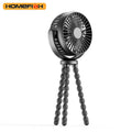 HOMEFISH F2 handheld fan with automatic shaking head, LED light, and removable bracket on a table.