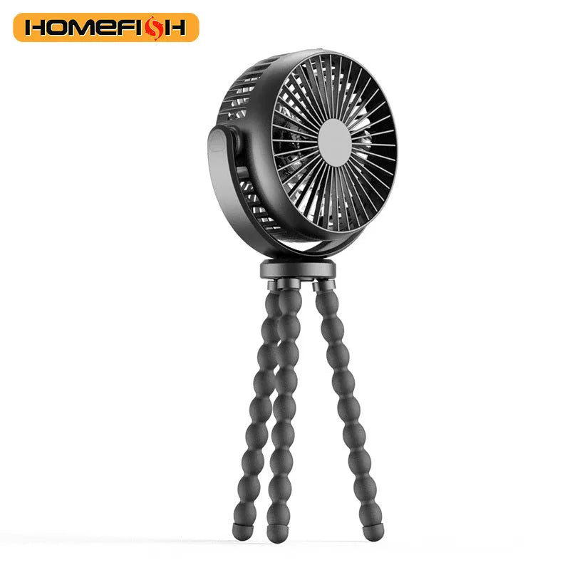 HOMEFISH F2 handheld fan with automatic shaking head, LED light, and removable bracket on a table.