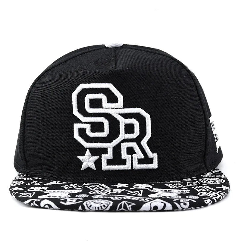 Embroidered letter baseball hat in cotton with adjustable strap, dome crown, black and white colour options