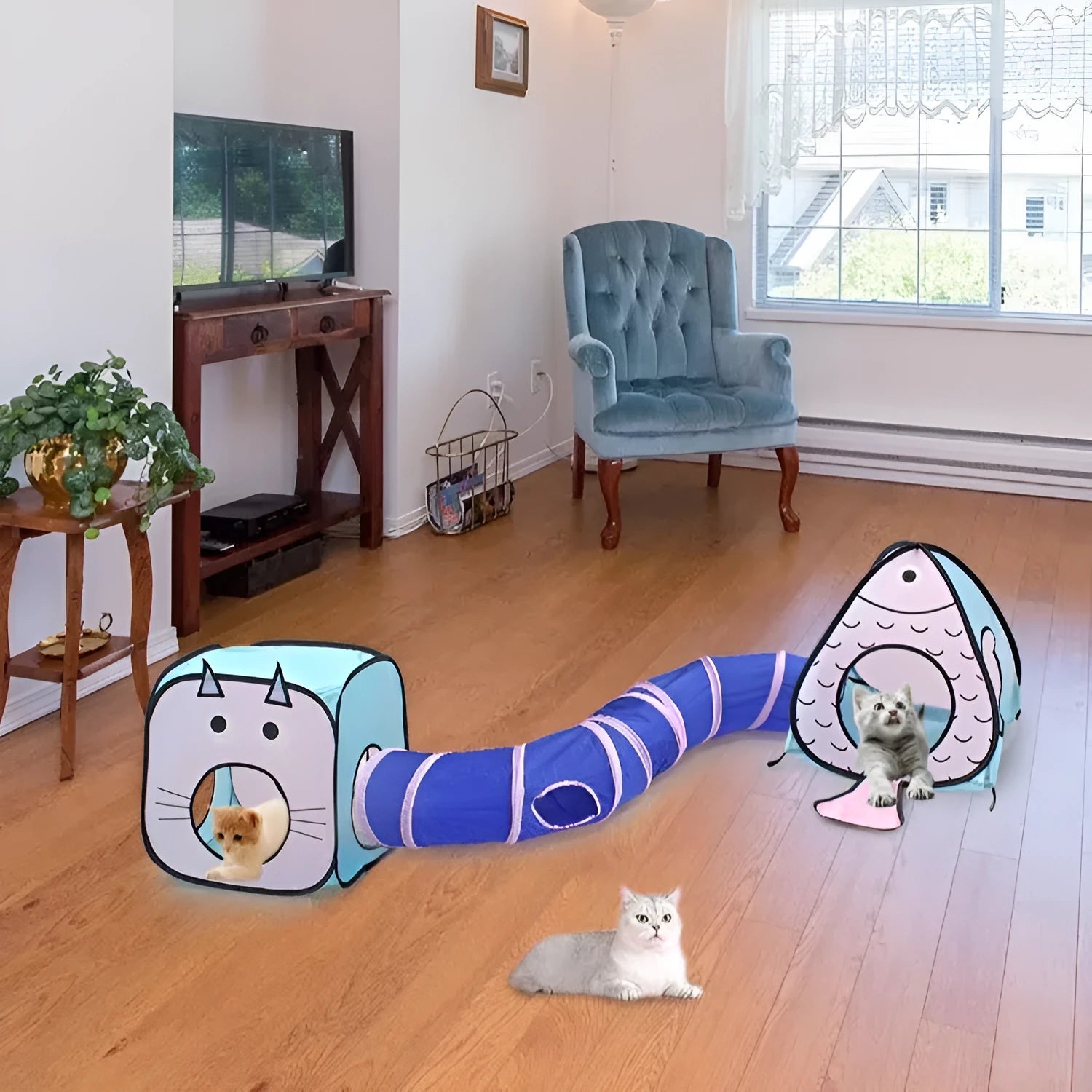 Foldable pet tent and tunnel three-piece play set with cat and fish printed pattern