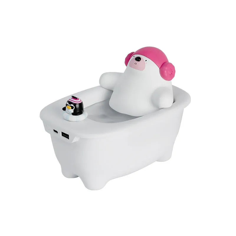 White Creative Air Humidifier with USB cable on a desk, showing its compact size and large water tank.