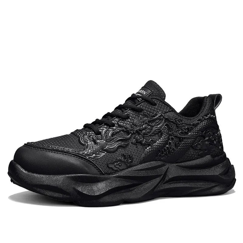 Men's casual fly knit sneakers with Chinese dragon design in various colours