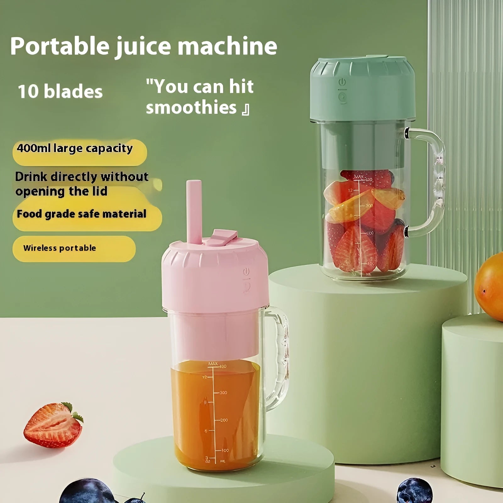 Portable USB juicer in cherry blossom powder or avocado green with multiple blade options