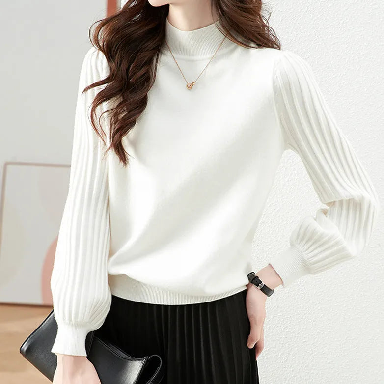Slim fit half turtleneck bottoming shirt in core-spun yarn with spandex, showing sunken stripe design