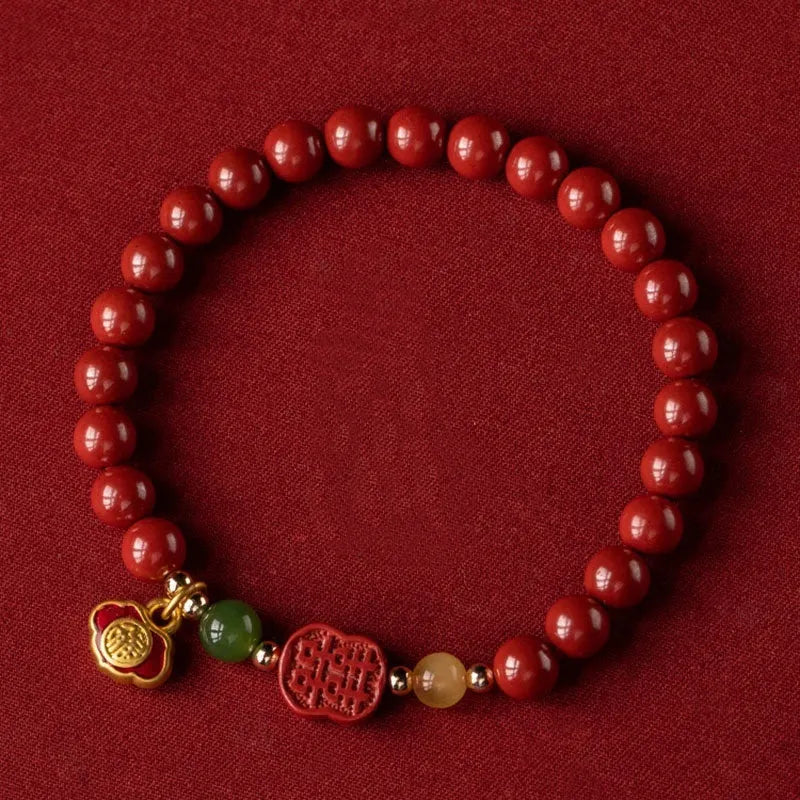 Cinnabar fu character bracelet with emperor sandstone beads in 6mm and 8mm size options.