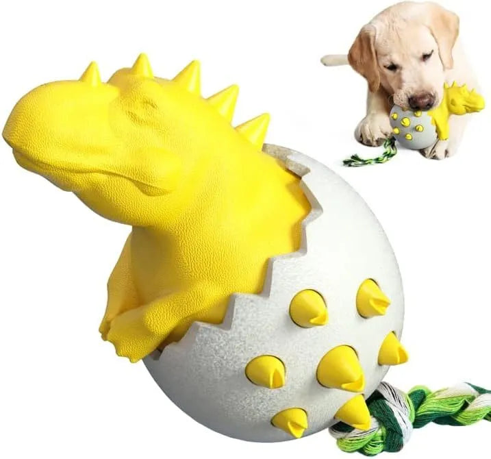 Blue dinosaur-shaped dog chew toy with rope element for aggressive chewers