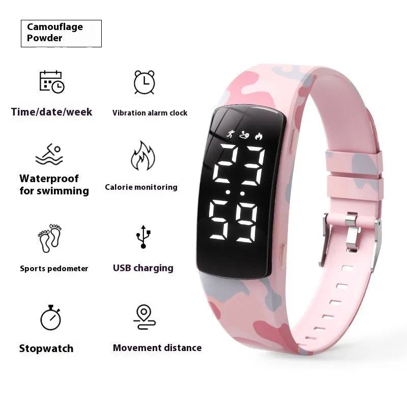Vibration alarm clock watch with LED display on silicone strap showing multiple colour options