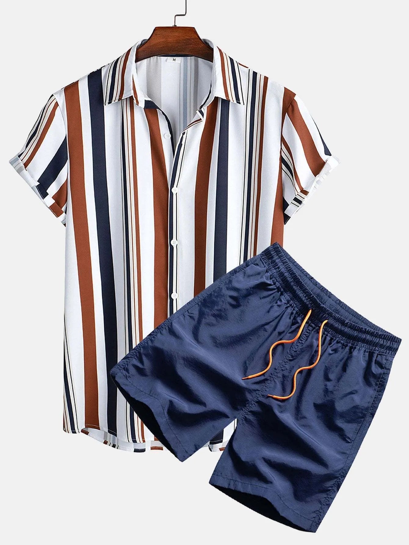 Man wearing a digital print short sleeve cardigan and matching shorts from the casual suit set.