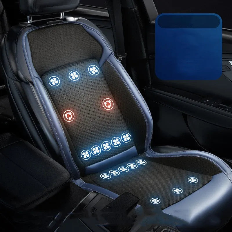 Black minimalist car seat cooling pad with USB cable for ventilation and massage functions on a car seat