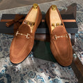 Men's soft structure suede horsebit slip-on shoes in dark brown with one-pedal design