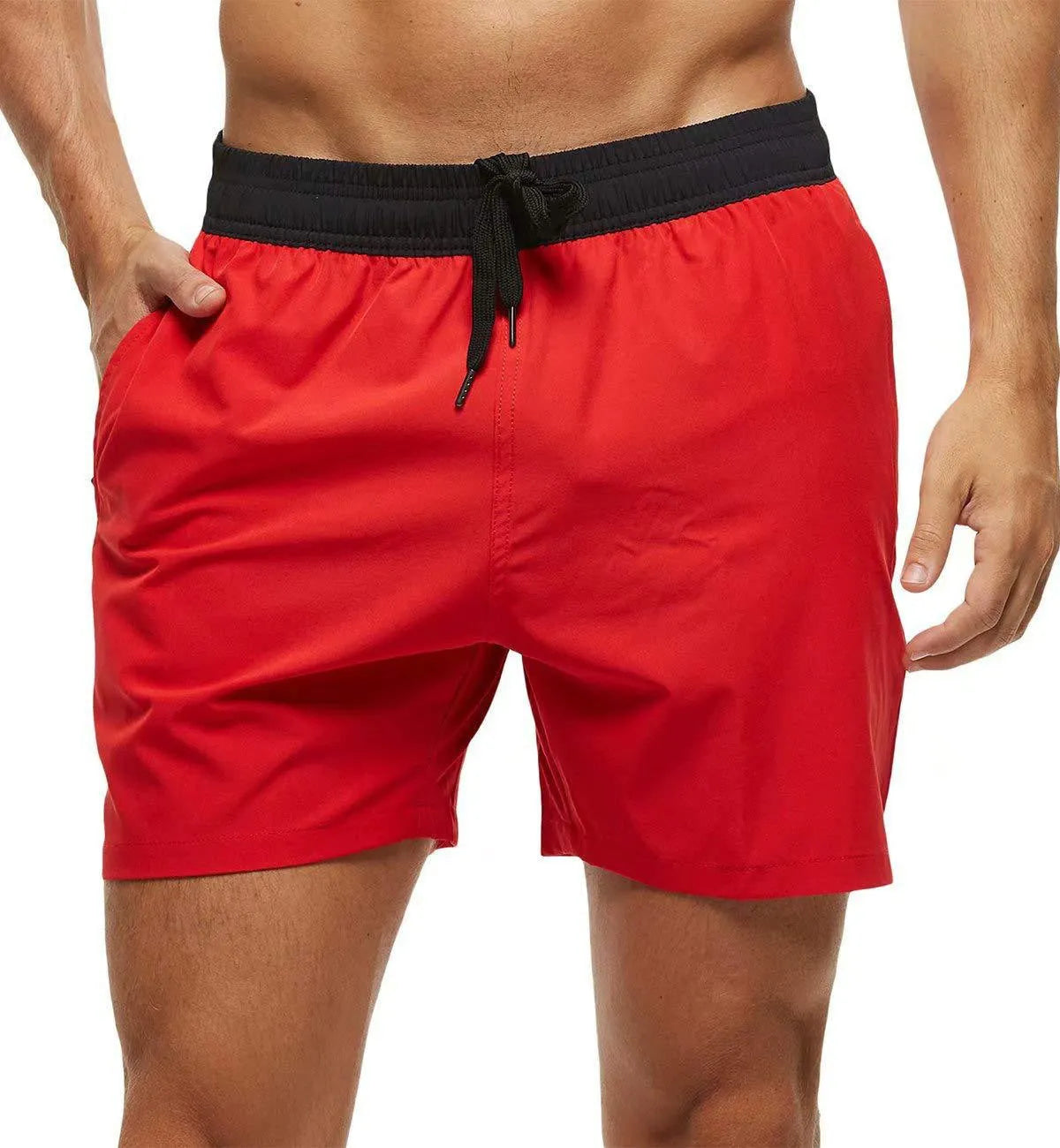 Men's blue drawstring shorts with a zippered pocket and stitching waist detail