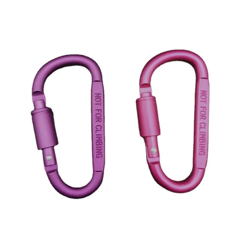 Aluminium D-type locking carabiner showing 8cm flat measurement in various colour options