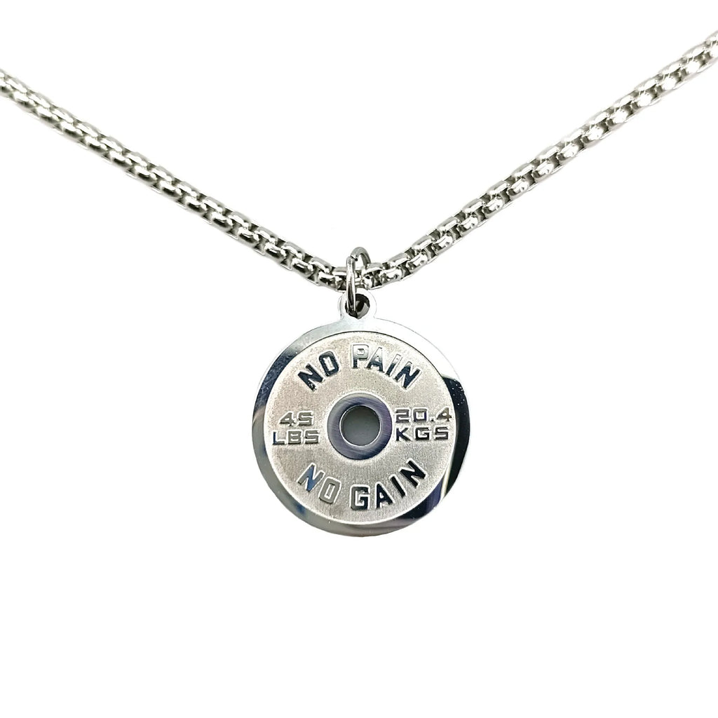 Polished stainless steel barbell disk necklace with geometric pendant on 60cm chain