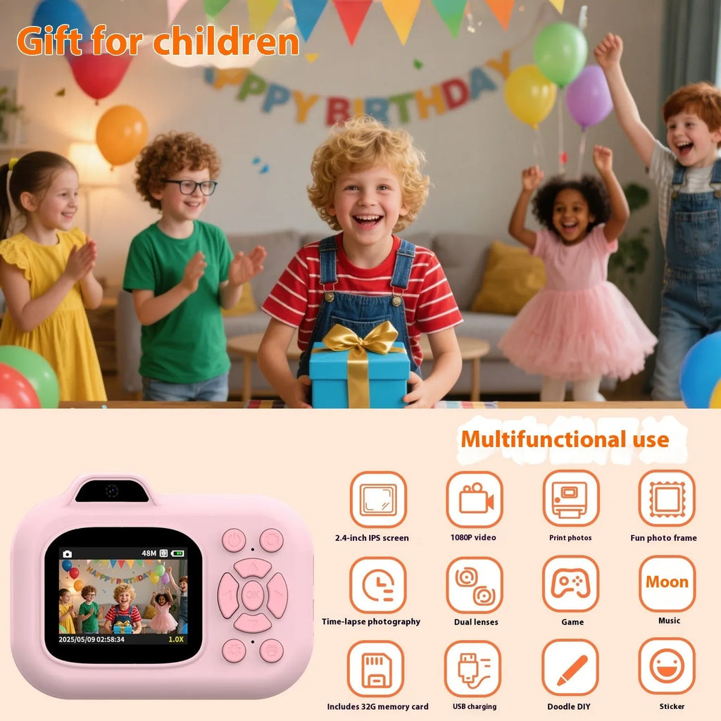 Children's plastic camera toy in blue pink or purple with video recording photography games sticker functions