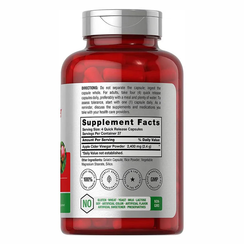 Bottle of 150 apple cider vinegar capsules dietary supplement