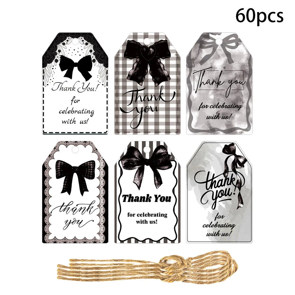 Birthday party theme gift label tags set with three design styles and hemp rope for present decoration