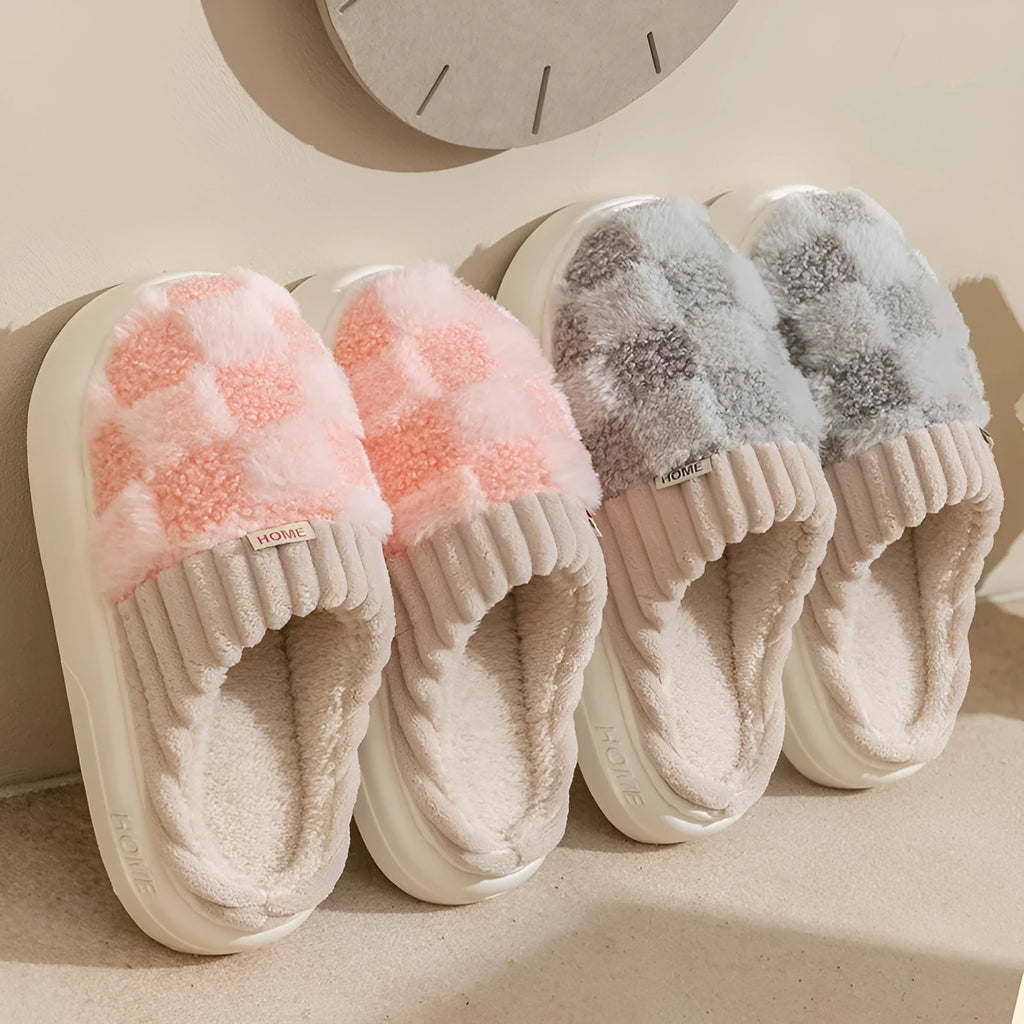 Women's plaid plush indoor slippers with anti-slip sole in multiple colour options