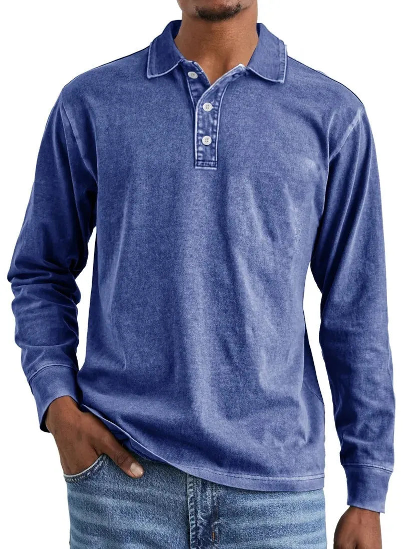 Retro washed distressed cotton lapel polo shirt in long sleeve design on mannequin