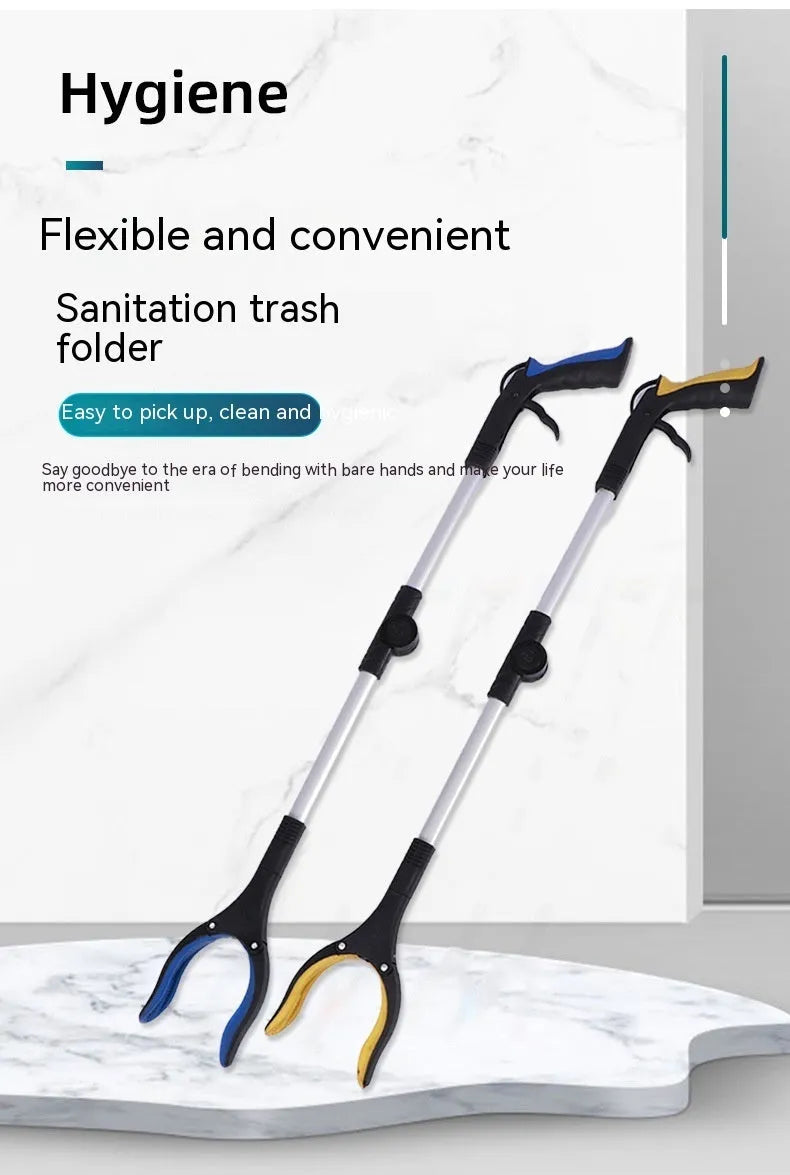 Foldable aluminium garbage clamp showing extended and folded positions with magnetic sucker and coloured handle options