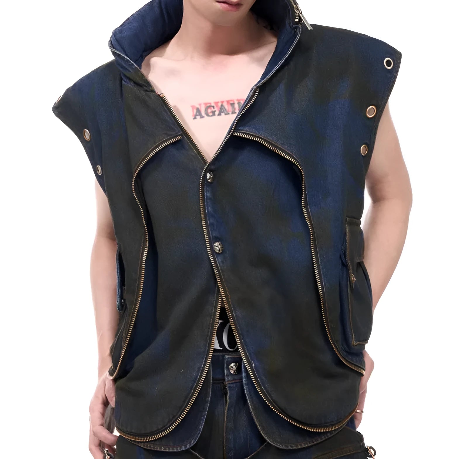 Blue hooded denim vest coat and matching trousers set on a man, showing Korean style fit.